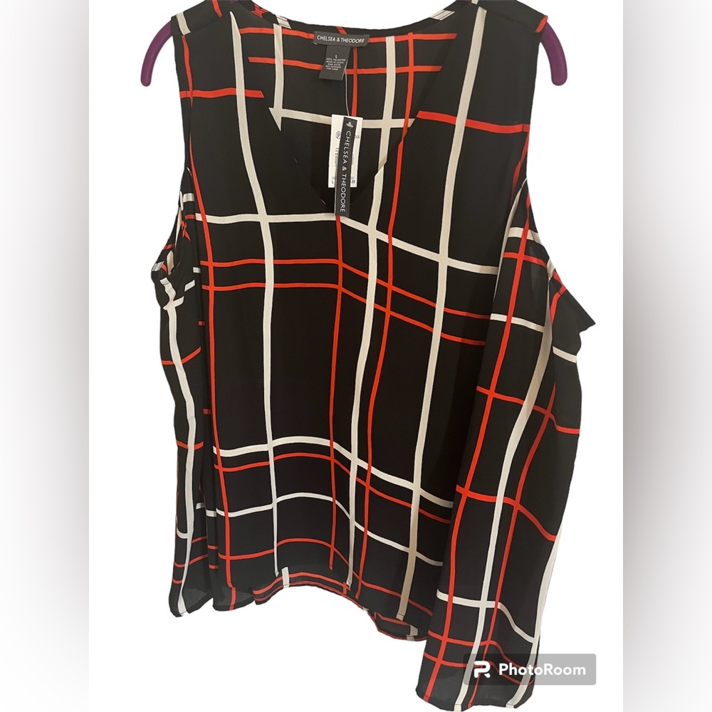 Chelsea & Theodore size L cold shoulder long bell sleeve women’s blouse NWT.